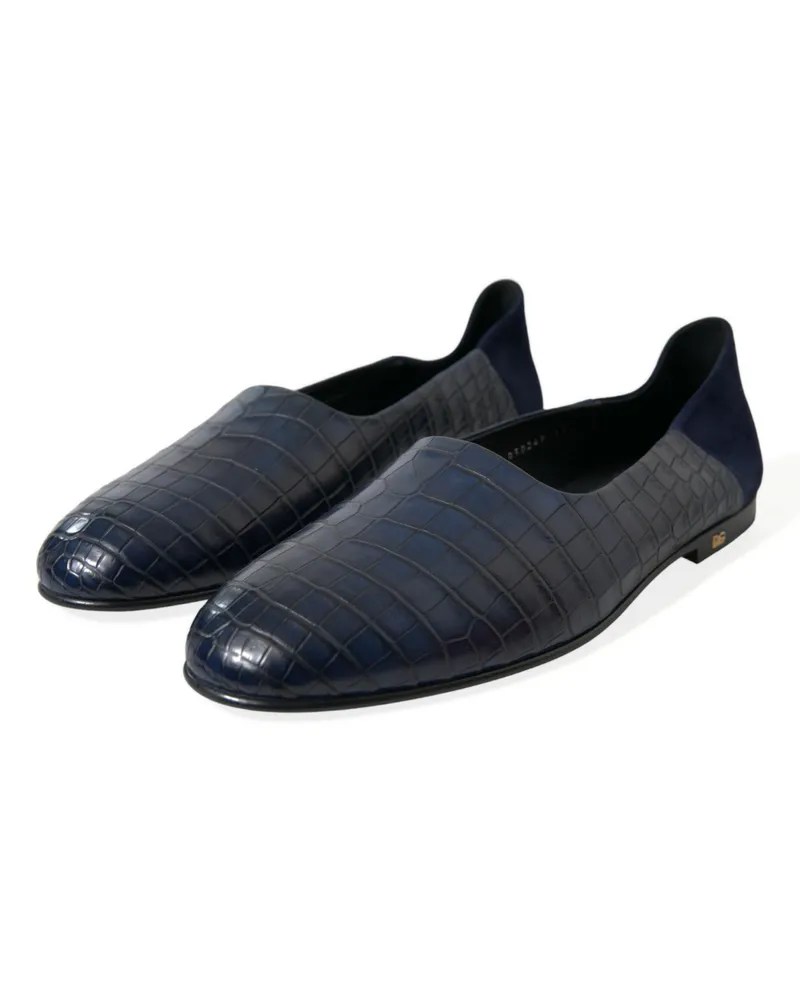Dolce & Gabbana Men's Blue Crocodile Leather Loafers Slip On Shoes Blue