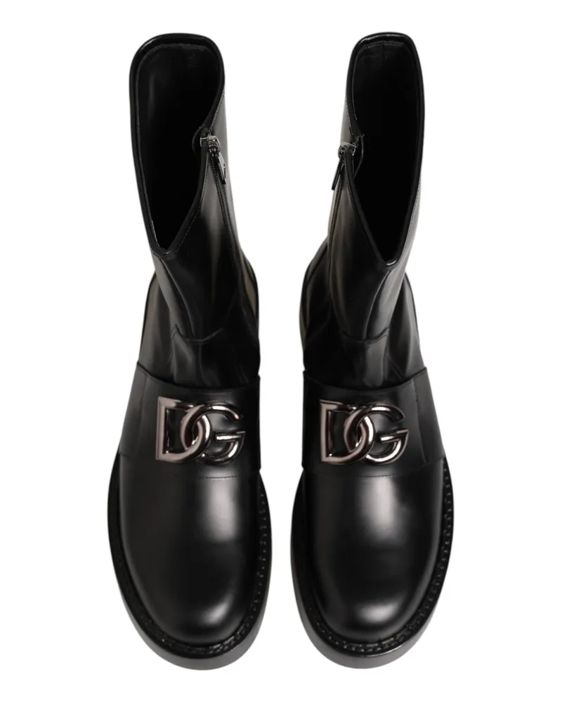 Dolce & Gabbana Men's Black Logo Plaque Mid Calf Biker Boots Shoes 100lf Black