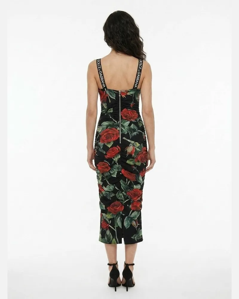 Dolce & Gabbana Rose Print Silk Dress — Black Black