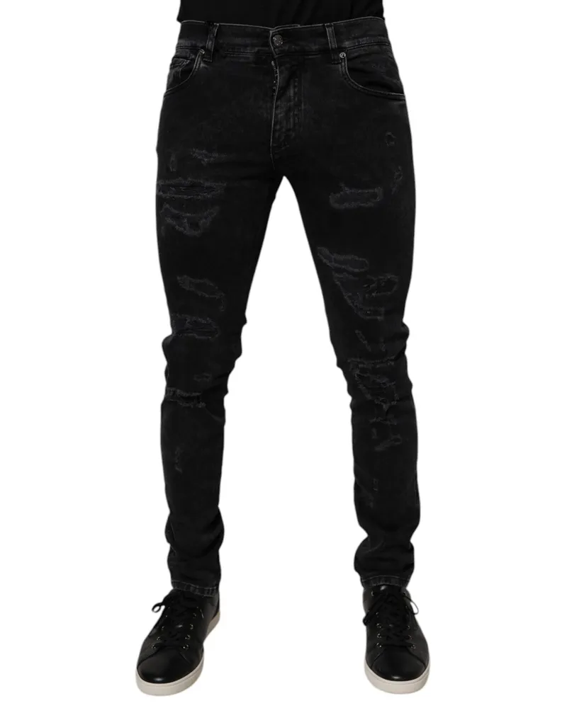 Dolce & Gabbana Black Tattered Cotton Skinny Men Denim Jeans Elastane Clothing Black
