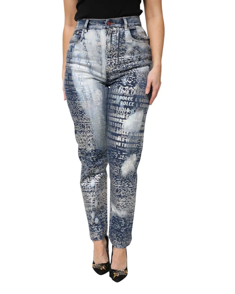 Dolce & Gabbana Women's Blue Washed Print High Waist Denim Jeans Cotton Elastane Clothing Blue
