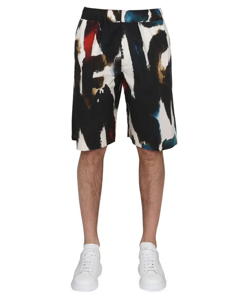 Alexander McQueen Logo-Print Cotton Bermuda — Multicolor Multicolor