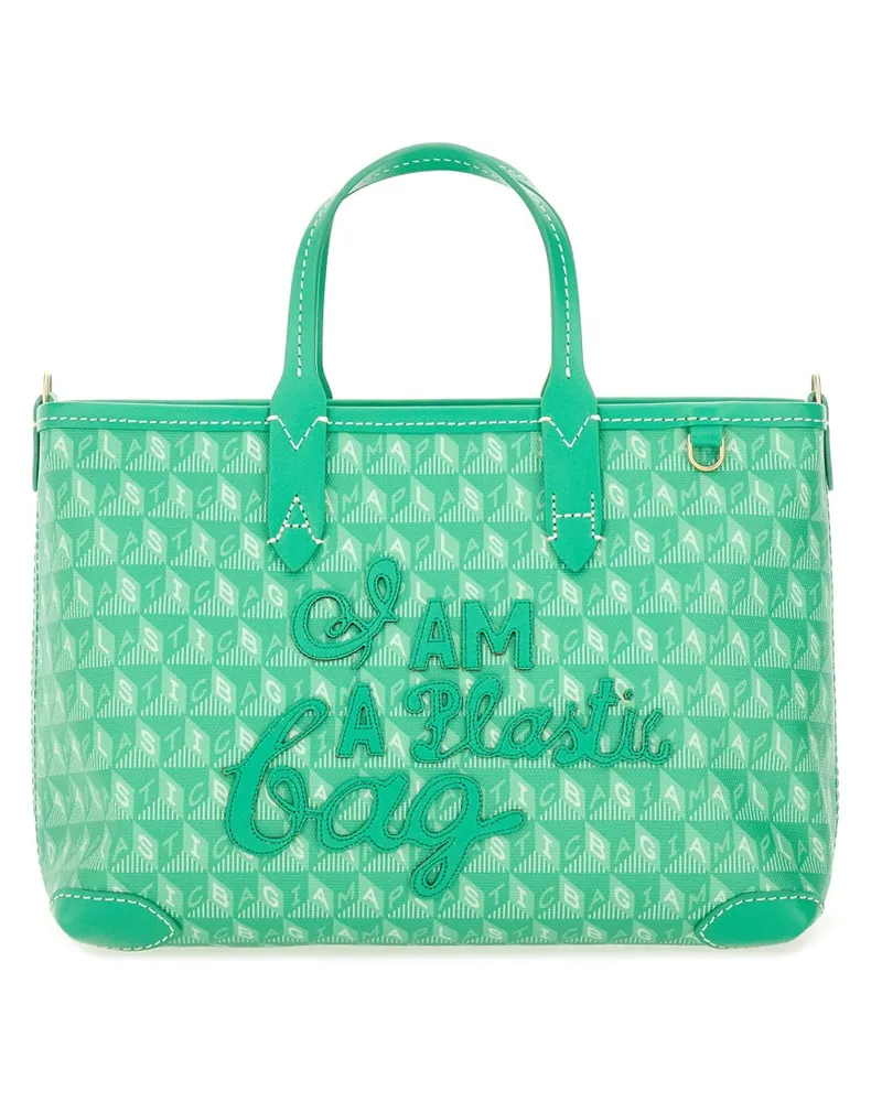 Anya Hindmarch Women's Xs Tote Bag With I Am A Plastic Pattern Green Cowhide - Bos Taurus Handbags Hand Green