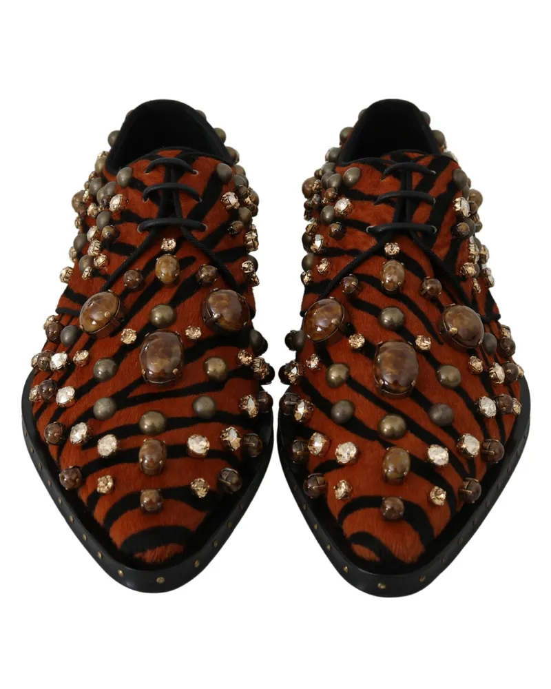 Dolce & Gabbana Women's Orange Pony Hair Crystal Dress Broque Shoes Orange