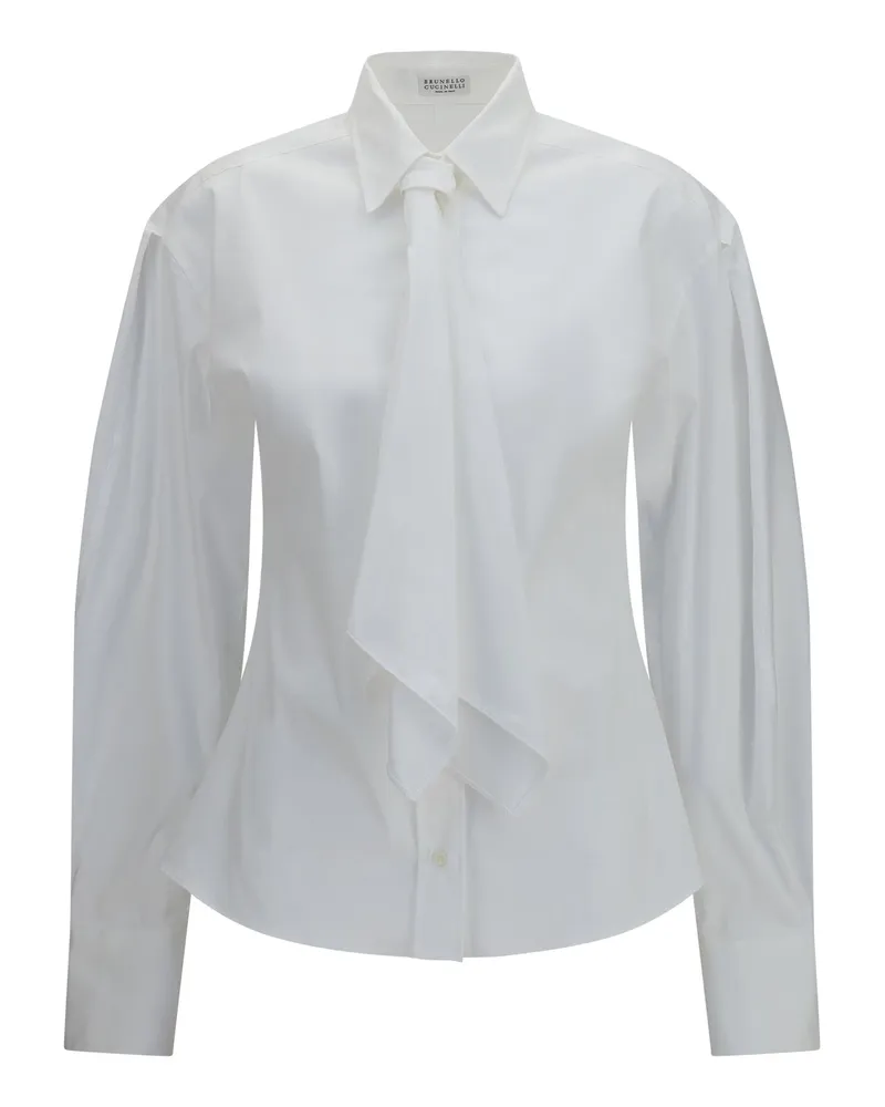 Brunello Cucinelli Cotton-Blend With Integrated Tie Shirt — White 