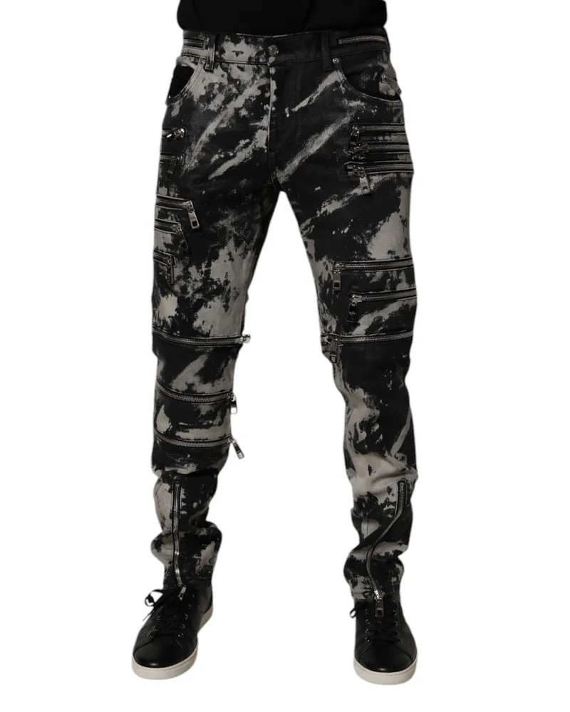 Dolce & Gabbana Men's Black Tie Dye Cotton Skinny Zip Denim Jeans Clothing Black