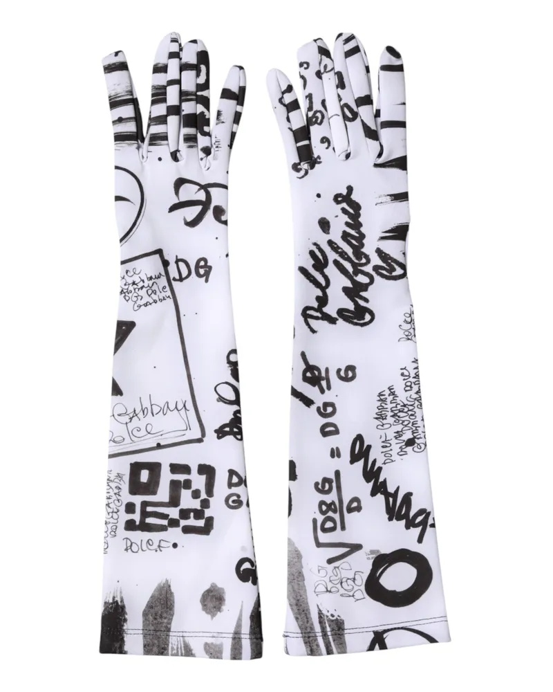 Dolce & Gabbana Women Black White Dg Logo Elbow Length Mitten Gloves Black-White 10+pl Black/white White