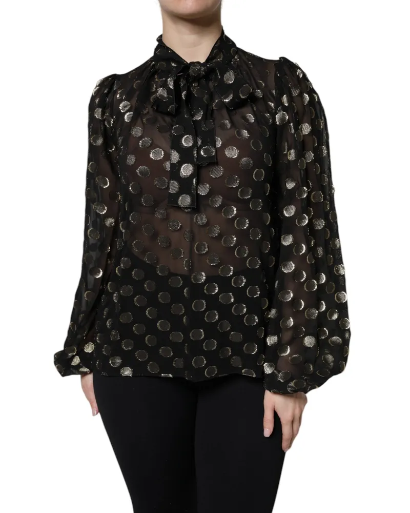 Dolce & Gabbana Women's Black Sheer Tied Neck Polka Dots Blouse Top Gold Silk Metallized Fiber Black