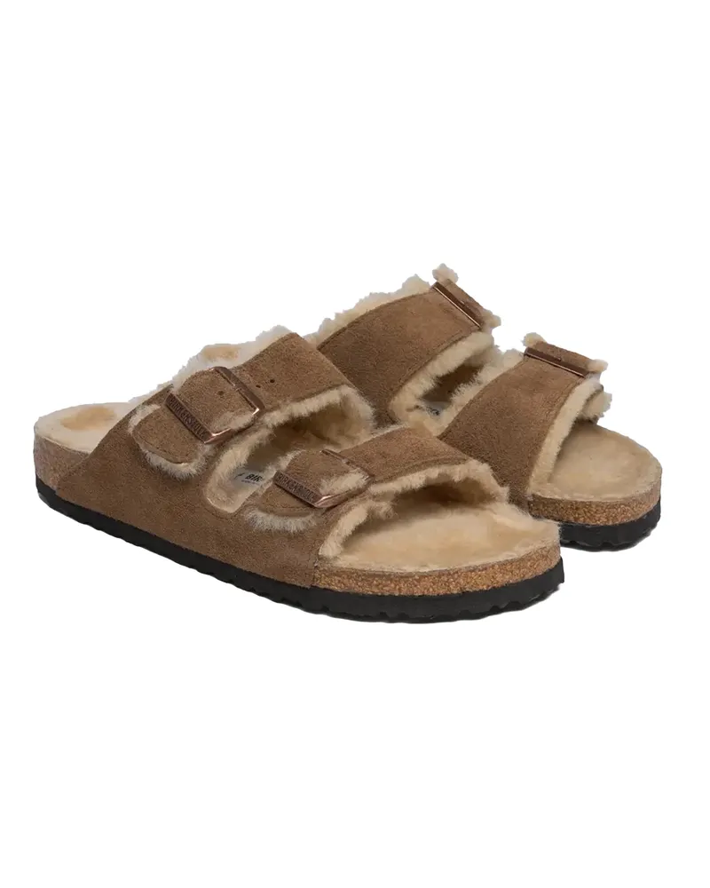 Birkenstock Women's Slippers Arizona Shearling Dark Tea Suede Leather Flat Shoes Brown