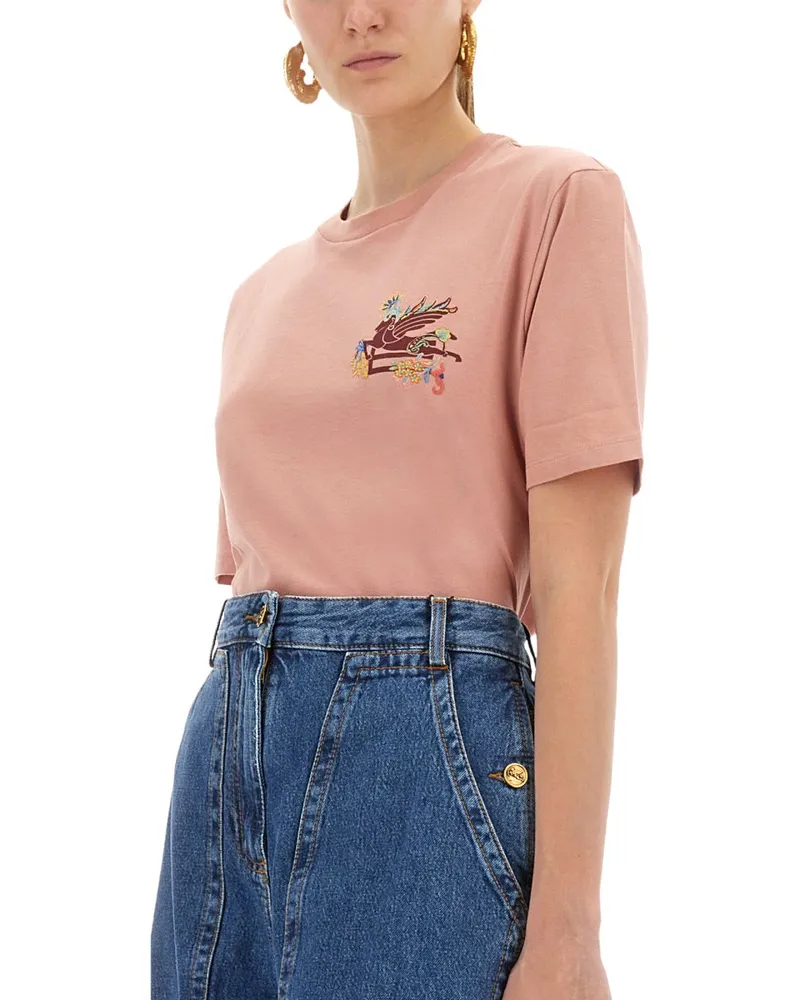 Etro Pegasus-Embroidered Cotton T-Shirt — Pink Pink