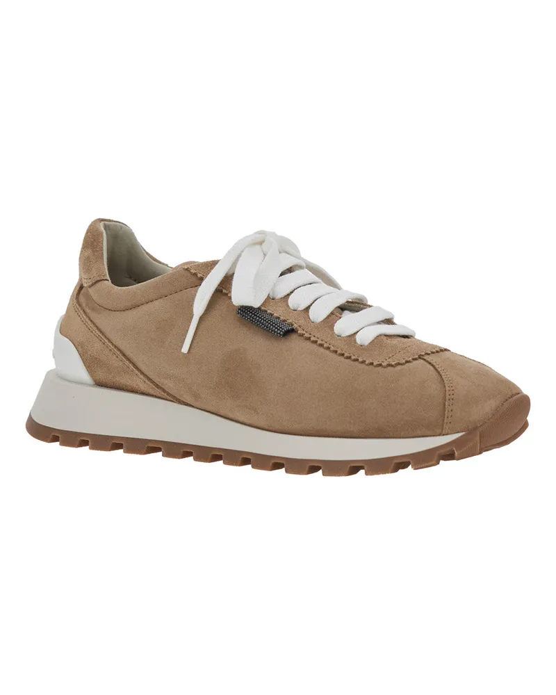 Brunello Cucinelli Women's Low Top Sneaker Brown Suede Calf Leather Trainers Brown