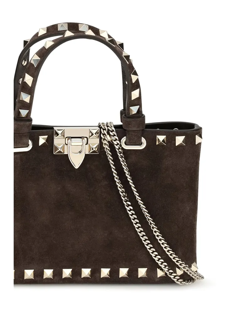 Valentino Garavani Women's Mini Handbag Rockstud Suede Ebony Brown Calf Leather Handbags Hand Bags Brown