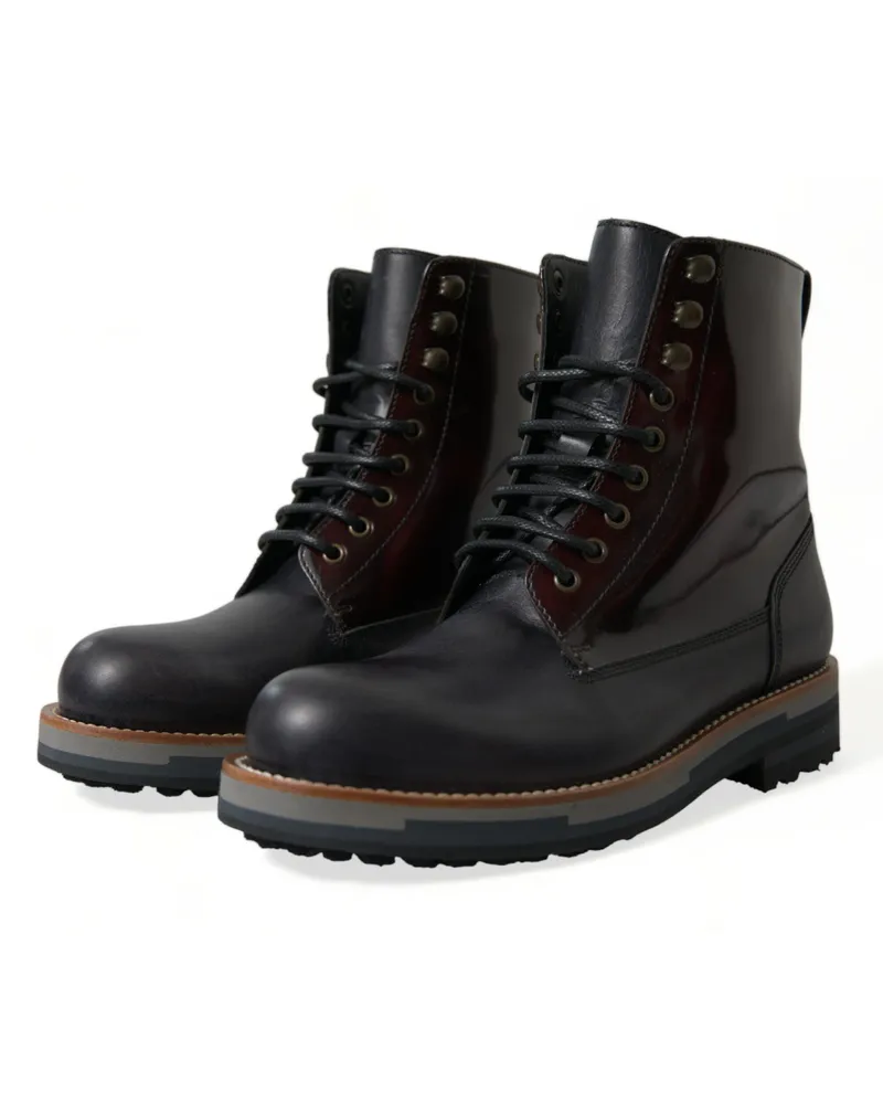 Dolce & Gabbana Men's Black Leather Military Combat Boots Shoes Maroon And Calf Black