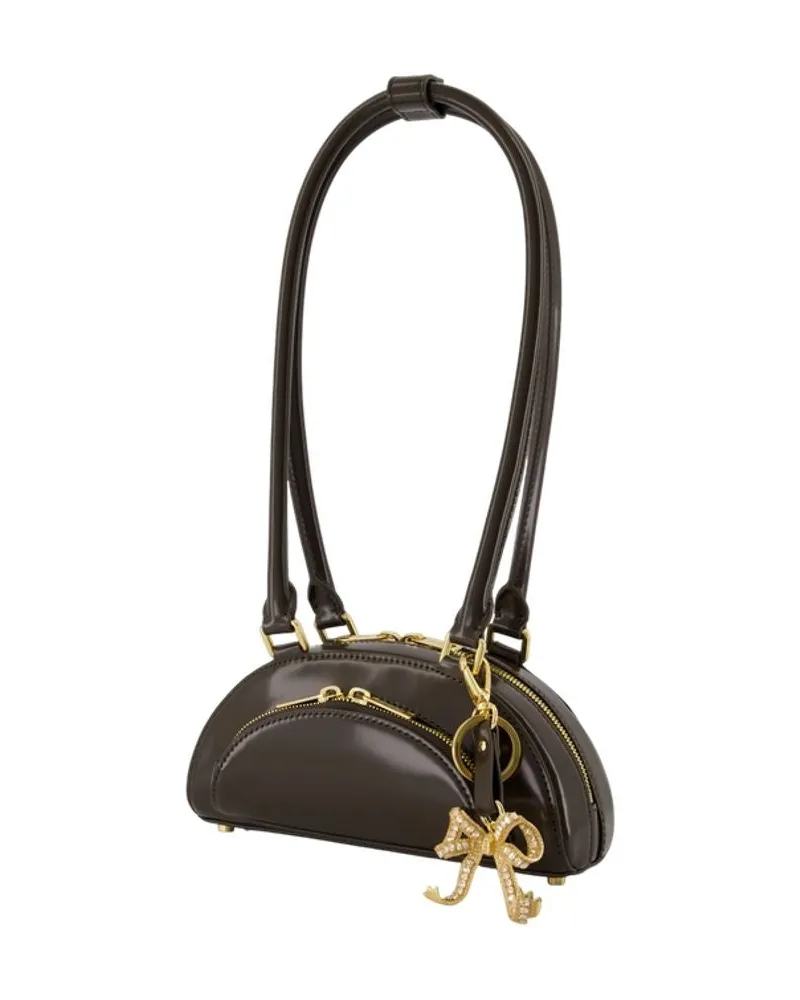 Self-Portrait Women's Mini With Charm Shoulder Bag - Self Portrait Leather Brown Calfskin Shoulder-Hobo-Bags Brown