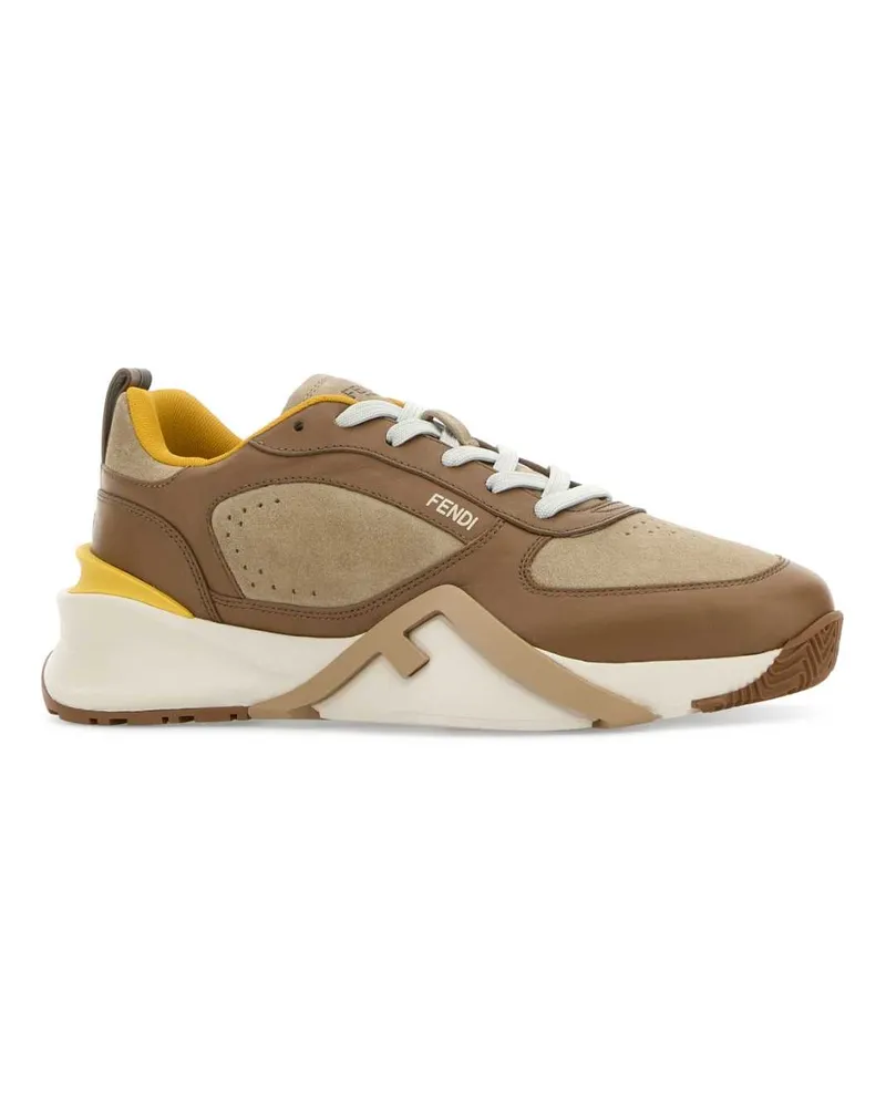 Fendi Men's Two-Tone Leather And Suede  Flow Sneakers Walnuts Brown