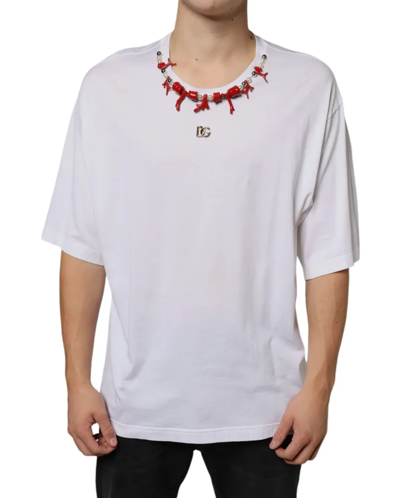 Dolce & Gabbana Men's White Cotton Necklace Embellished T-Shirt White