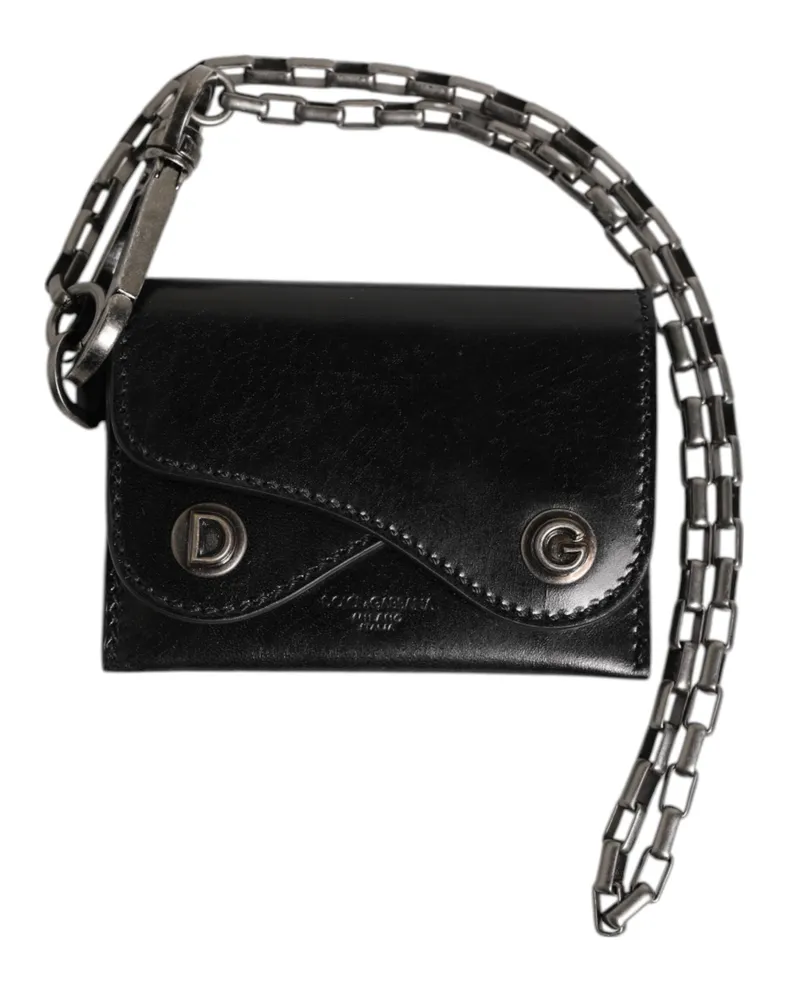 Dolce & Gabbana Men's Black Cavallo Leather Wallet Chain Snap Bifold Card Holder Black