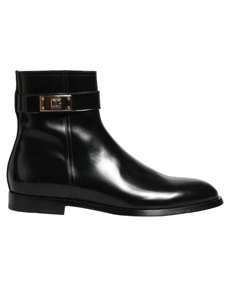 Dolce & Gabbana Men's Black Leather Logo Buckle Mid Calf Boots Shoes Black