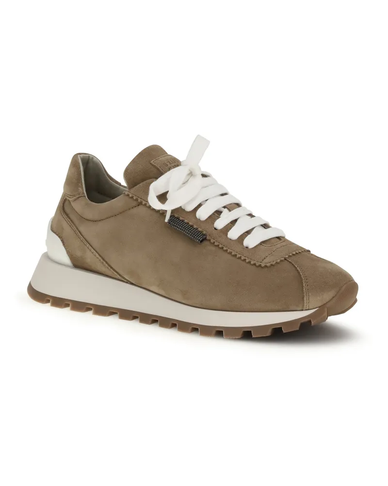 Brunello Cucinelli Suede with Bead Embellishment Sneaker — Beige Beige