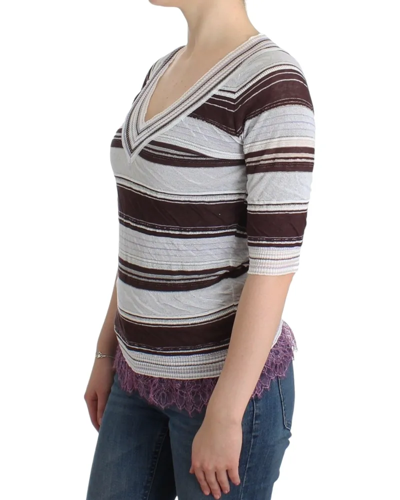 Ermanno Scervino Women Striped Lace V-Neck Short Sleeve Top Sweater Rayon Blend Multicolor
