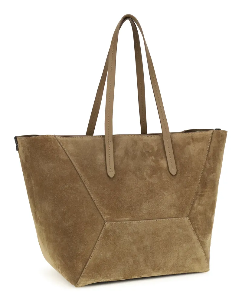 Brunello Cucinelli Women's Suede Bc Tote Bag Sesamo Calf Leather Bos Taurus Shoulder Beige