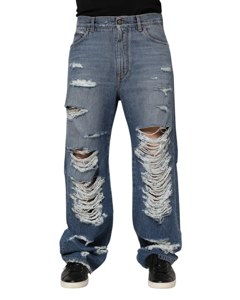 Dolce & Gabbana Men's Blue Tattered Cotton Logo Plaque Denim Jeans Elastane Clothing Blue