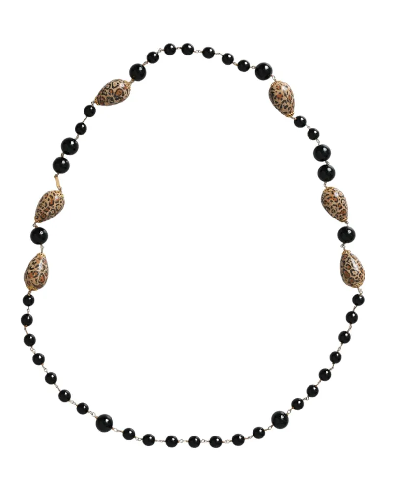 Dolce & Gabbana Women's Gold Tone Brass Black Printed Beaded Long Chain Necklace Gold