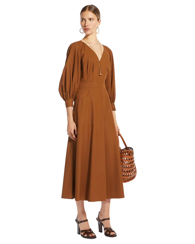 Max Mara Puffed-Sleeve Cotton Midi Dress — Brown Brown