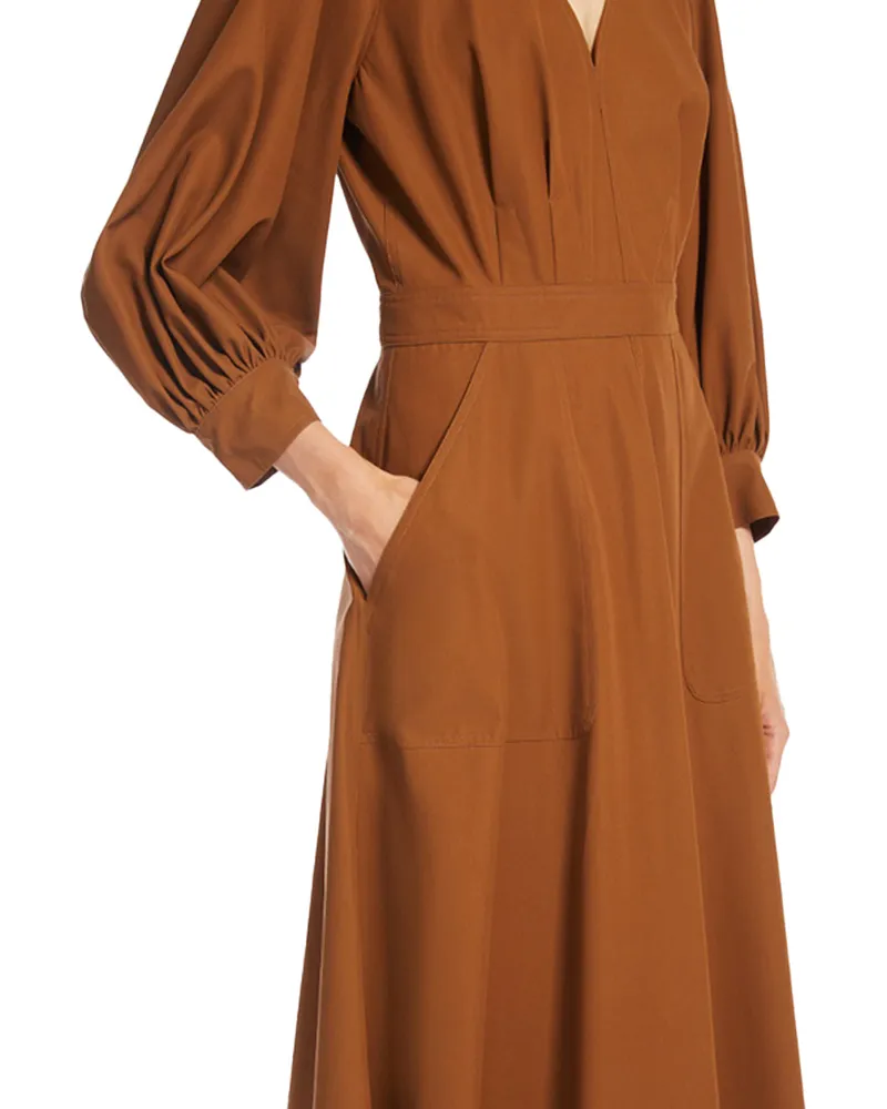 Max Mara Puffed-Sleeve Cotton Midi Dress — Brown Brown