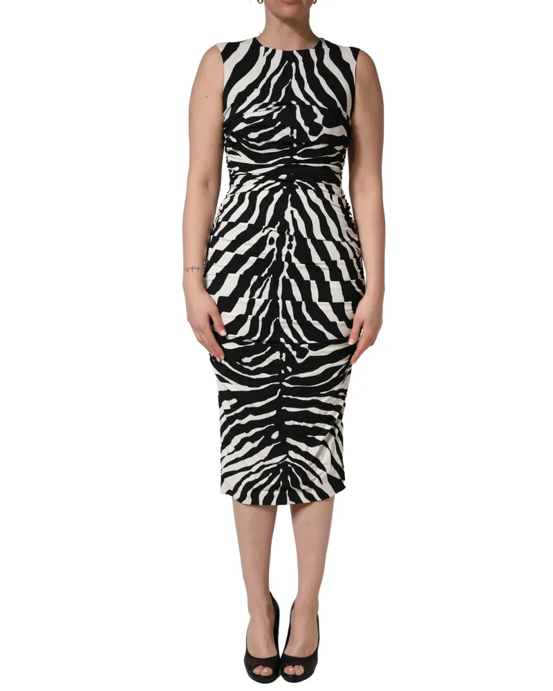 Dolce & Gabbana Women Black White Zebra Cady Calf Length Dress And Viscose Elastane Black