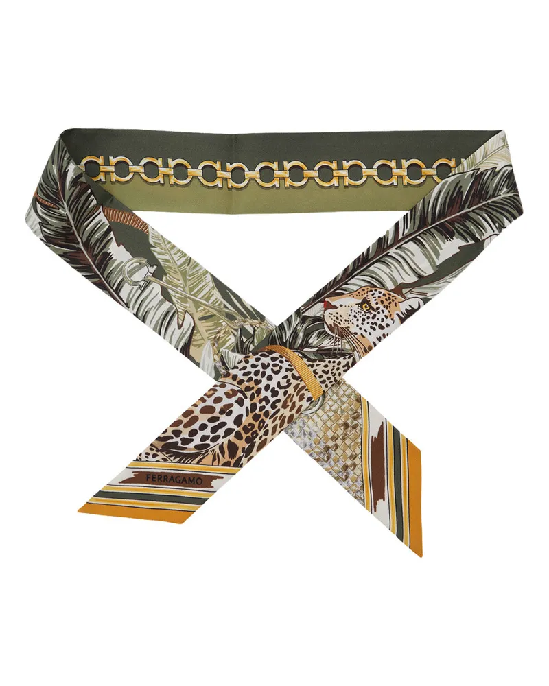 Ferragamo Leopard-Print Silk Scarf — Green Green