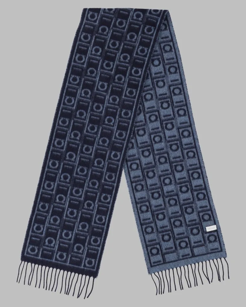 Ferragamo Monogram Cashmere-Wool Scarf — Blue Blue