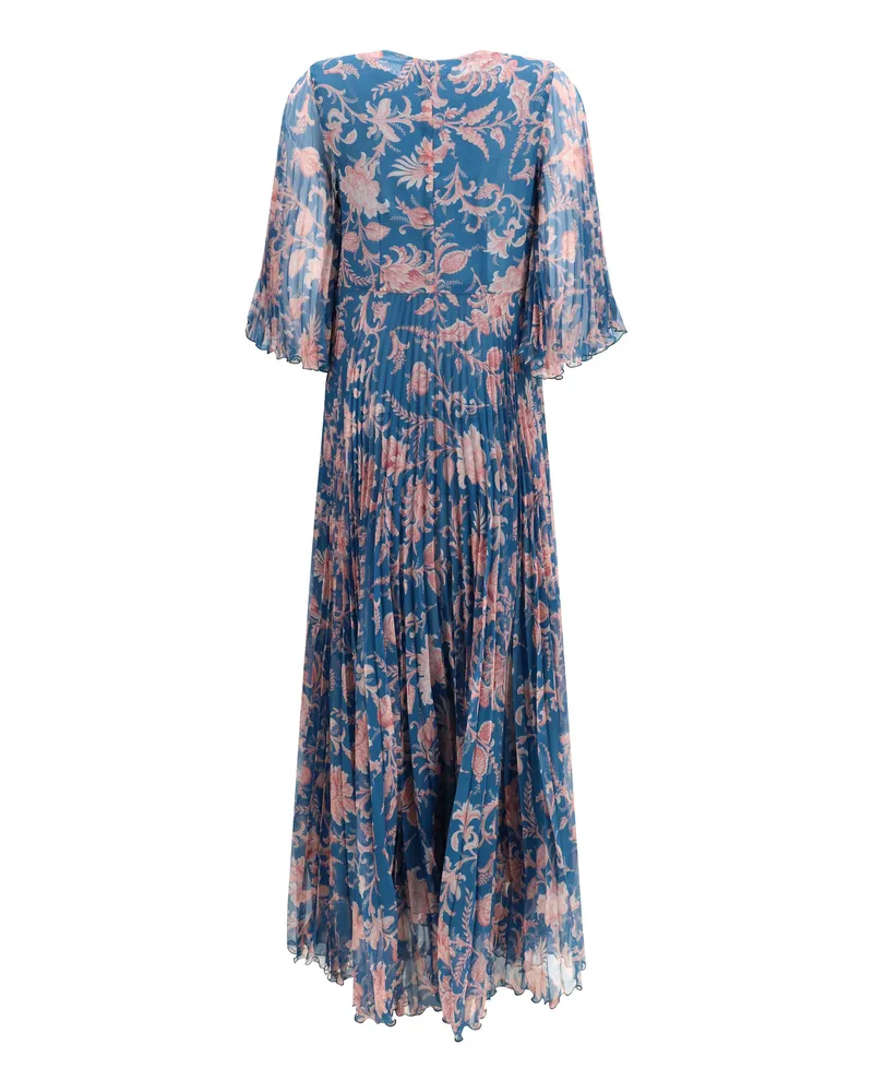 Etro Women's Maxi Pleated Dress With Flared Sleeves X0888 Polyester Blue