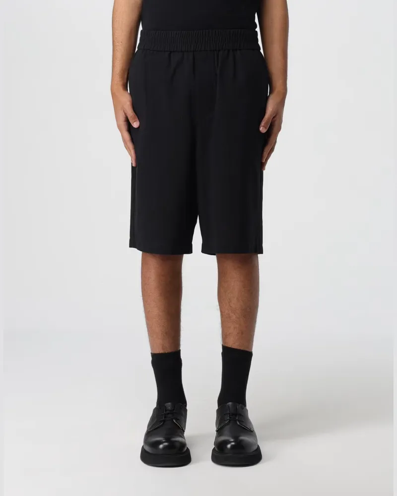 AMI Paris Men Cotton Crepe De Coeur Logo Plaque Bermuda Black Clothing > Pants Black