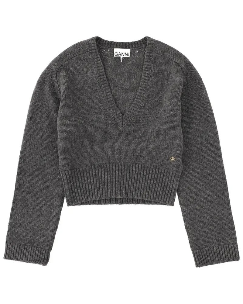 Ganni Wool and Yak Blend V-Neck Sweater — Charcoal Charcoal