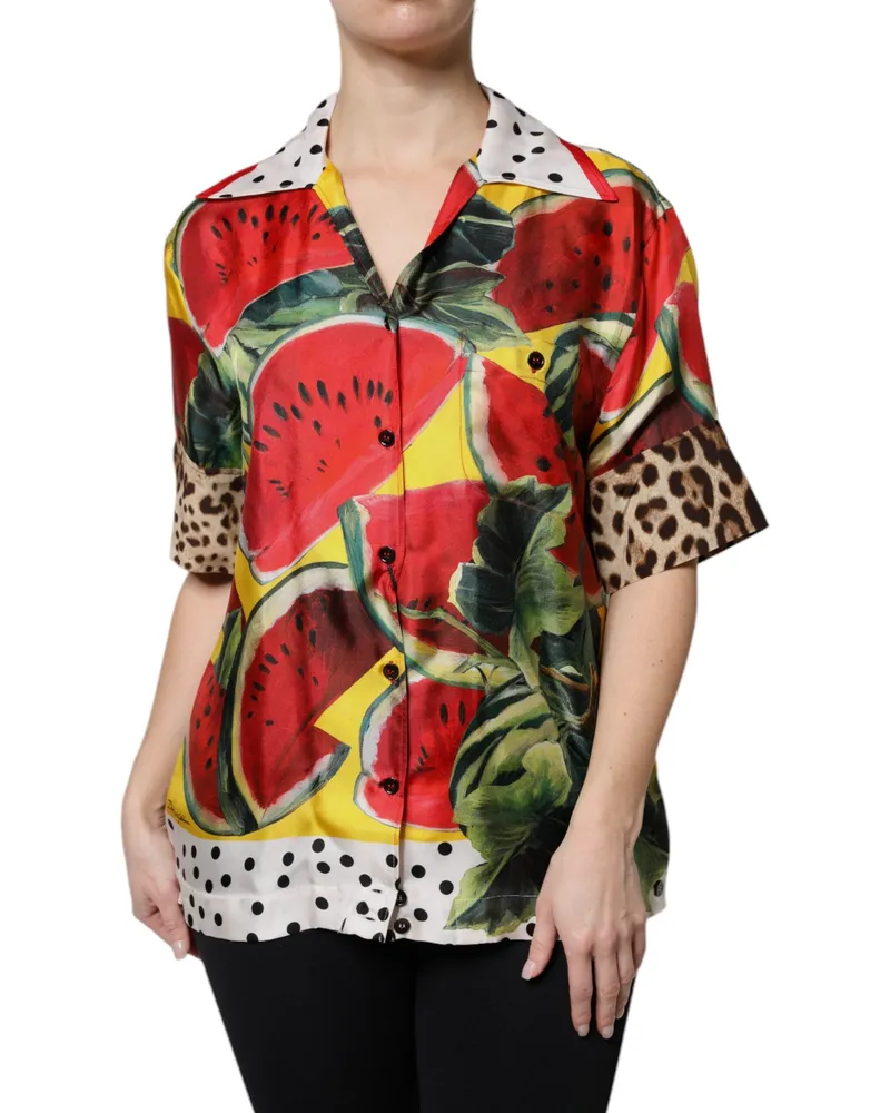 Dolce & Gabbana Women's Multicolor Watermelon Collared Shirt Top Multicolor