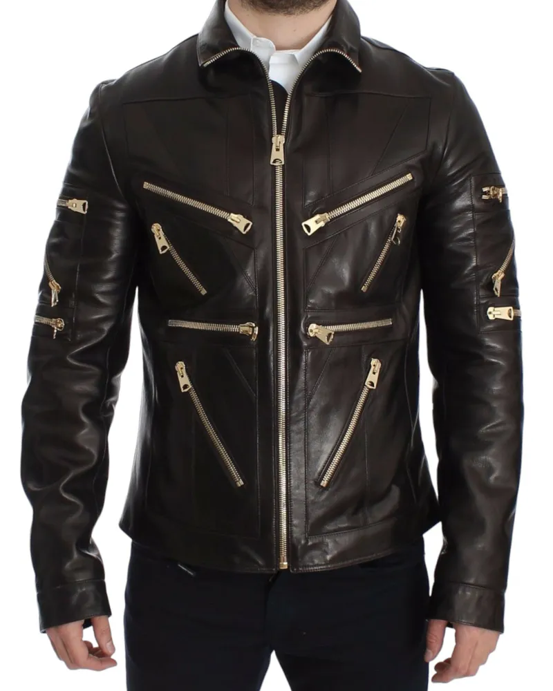 Dolce & Gabbana Men's Brown Lambskin Leather Zipper Jacket Clothing Black