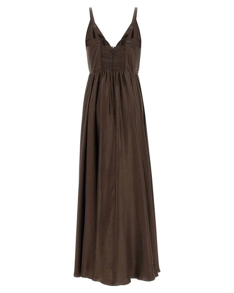 Zimmermann Pleated Silk V-Neck Dress — Brown Brown