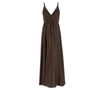 Pleated Silk V-Neck Dress — Brown