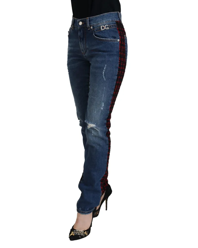 Dolce & Gabbana Women's Blue Checkered Back Skinny Denim Jeans Cotton Clothing Blue