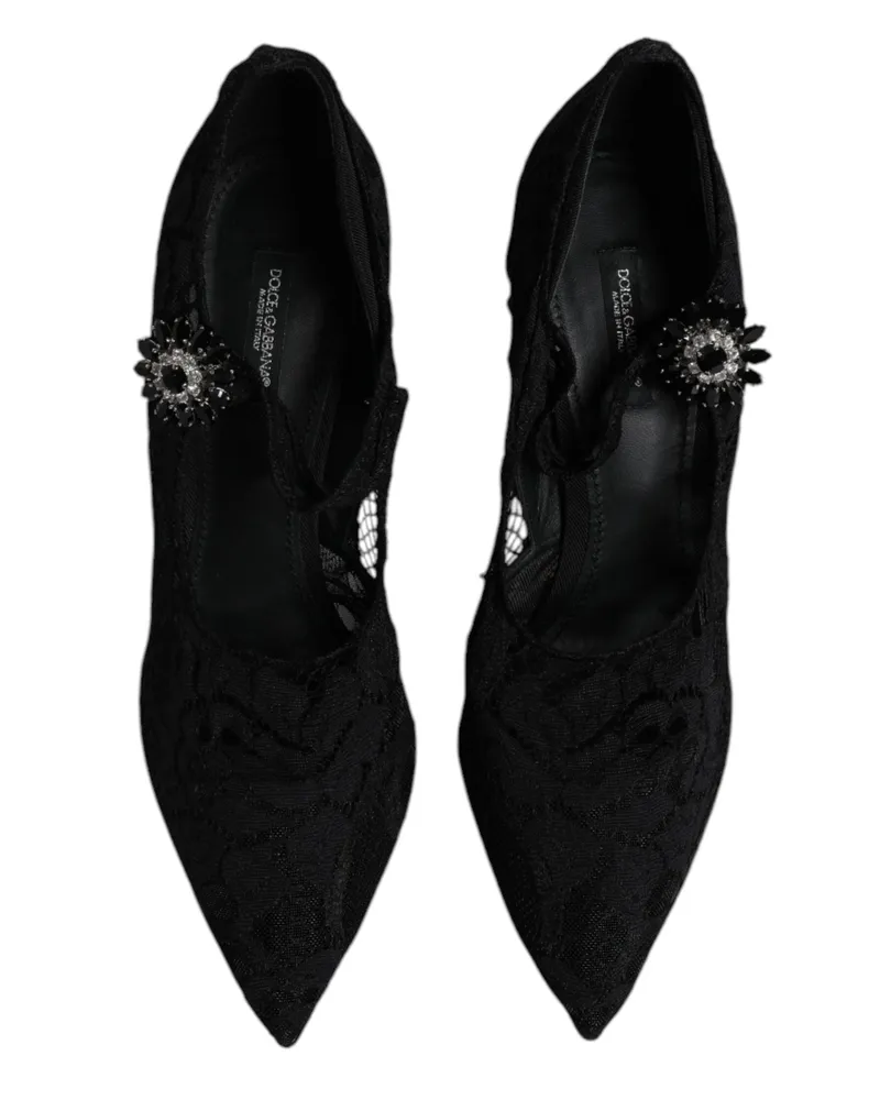 Dolce & Gabbana Women's Black Lace Crystals Mary Jane Pumps Shoes Nylon Viscose Elastane Black