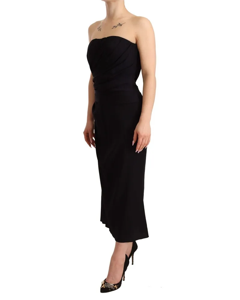 Dolce & Gabbana Women Black Silk Stretch Strapless Sheath Midi Dress Black