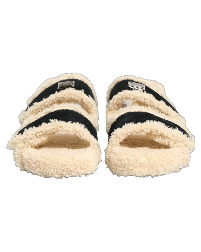 Dolce & Gabbana Beige Black Faux Fur Flats Men Sandals Shoes Beige