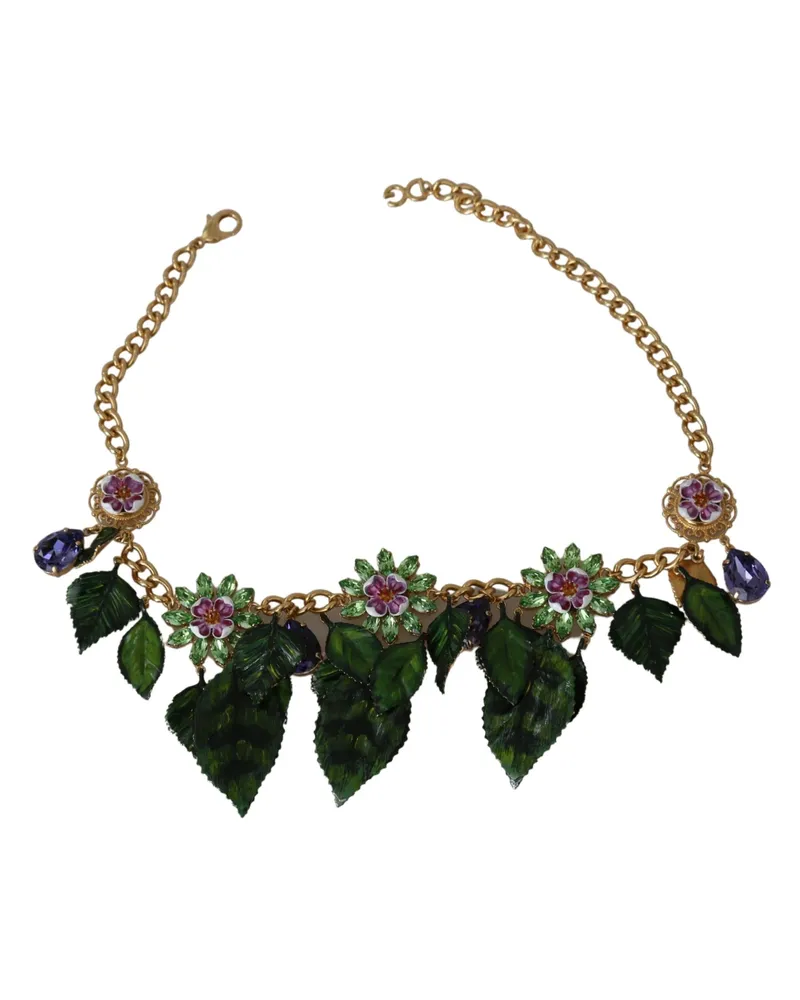 Dolce & Gabbana Women's Green Leaves Gold Brass Crystal Flower Pendant Necklace Gold