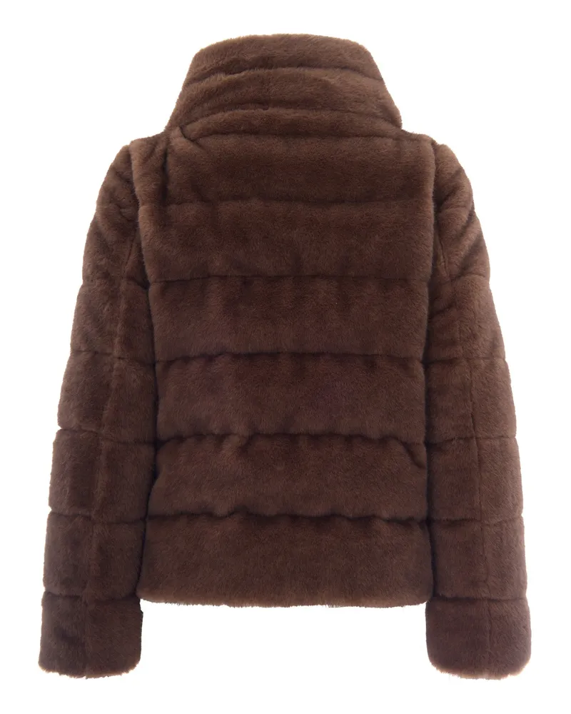 Herno Women's Funnel Neck Eco Fur Down Jacket Dark Brown