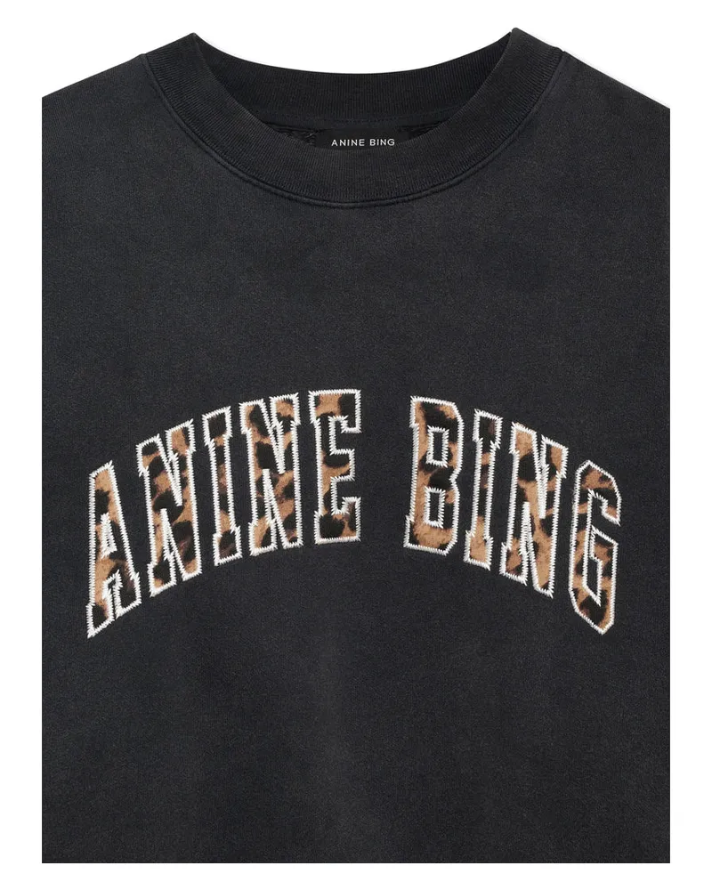 Anine Bing Logo-Embroidered Washed Cotton Sweatshirt — Black Black
