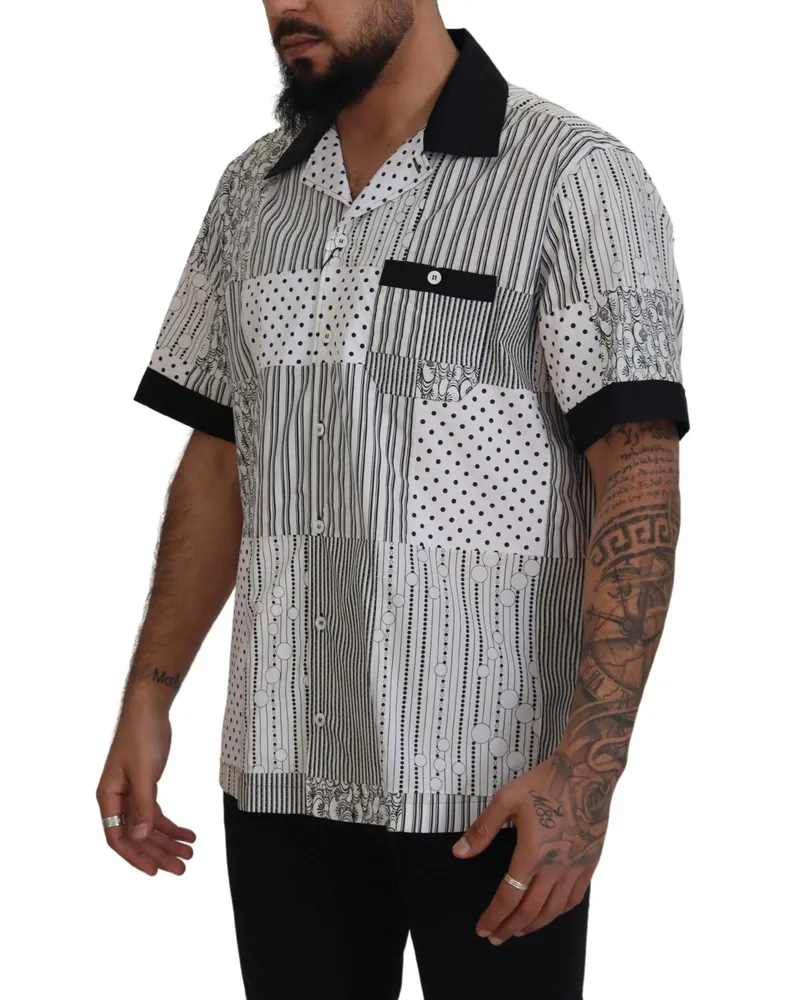 Dolce & Gabbana Men's White Black Patterned Button Down Shirt And Cotton White