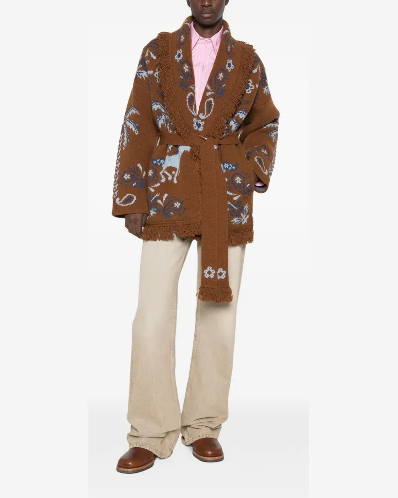 Alanui Intarsia Knit Fringe Cardigan — Brown Brown