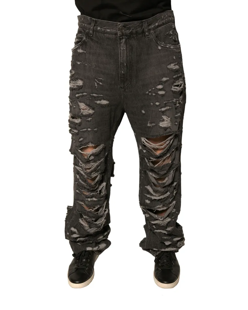 Dolce & Gabbana Gray Tattered Cotton Straight Men Denim Jeans Dark Clothing Black