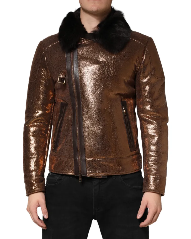 Dolce & Gabbana Bronze Leather Fur Full Zip Men Biker Jacket Clothing Bronze